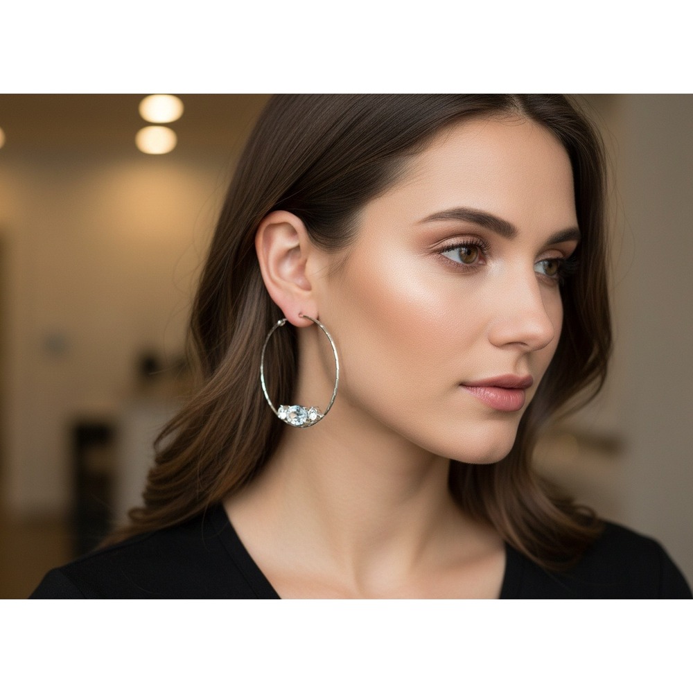 Silver Tone Hoop Earrings Set 3 Pairs Crystal Accents Textured Smooth Hoops